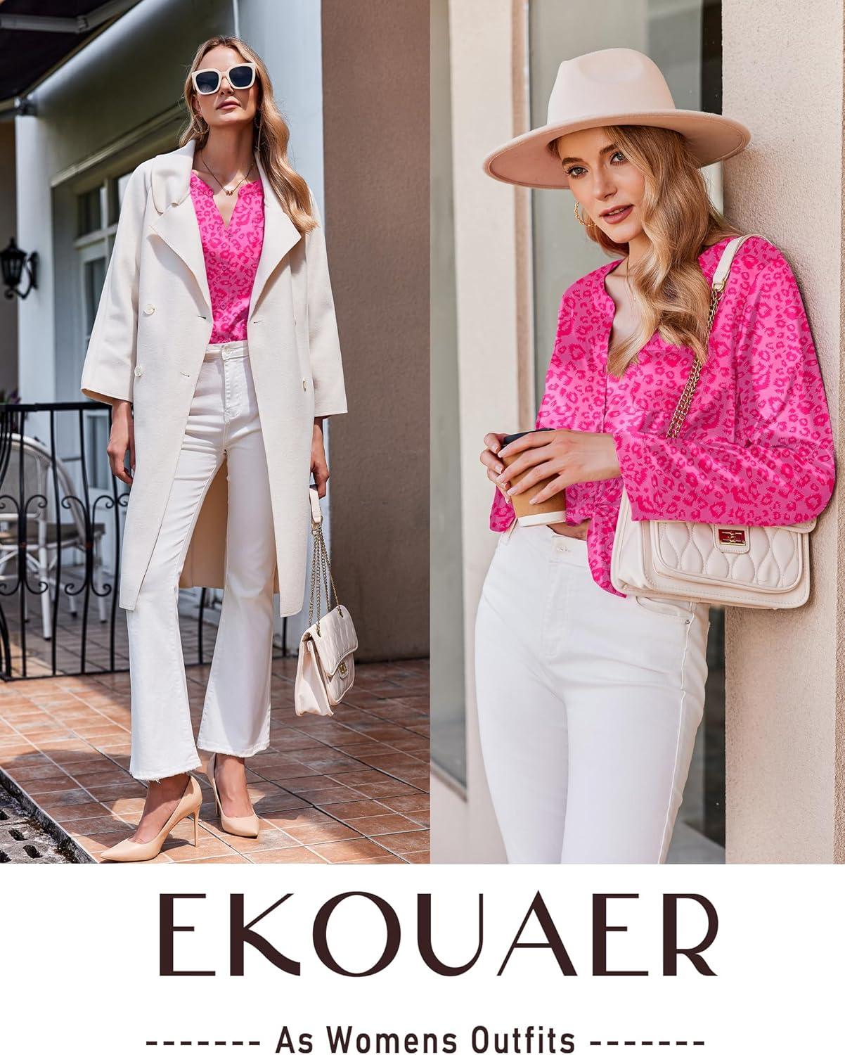 imageEkouaer Silk Pajamas For Women 2 Piece Set Satin Pjs Long Sleeve Button Up Sleepwear Comfy Lounge setsHot Pink Leopard