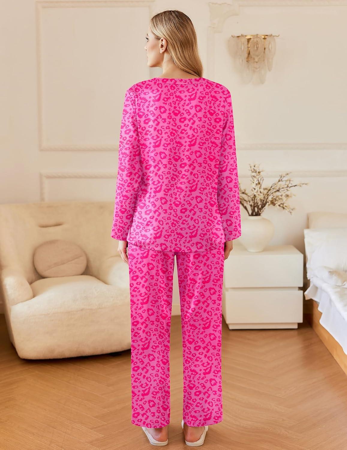 imageEkouaer Silk Pajamas For Women 2 Piece Set Satin Pjs Long Sleeve Button Up Sleepwear Comfy Lounge setsHot Pink Leopard