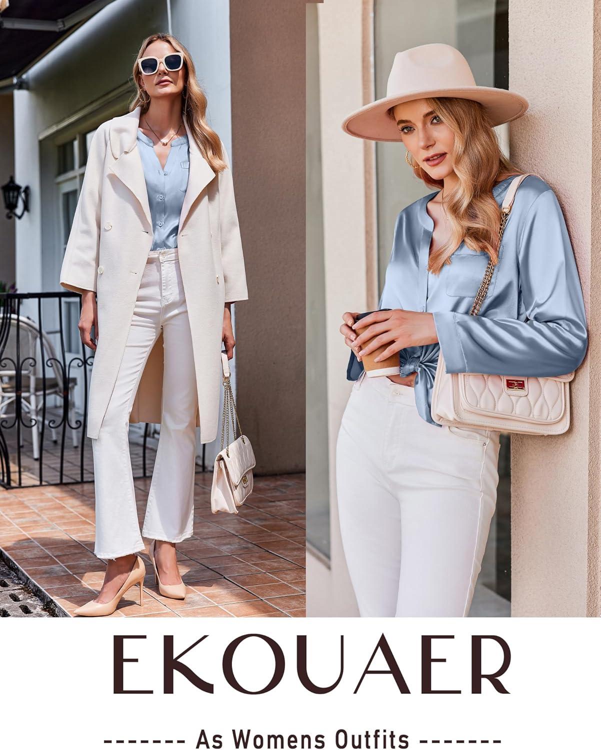 imageEkouaer Silk Pajamas For Women 2 Piece Set Satin Pjs Long Sleeve Button Up Sleepwear Comfy Lounge setsLight Blue