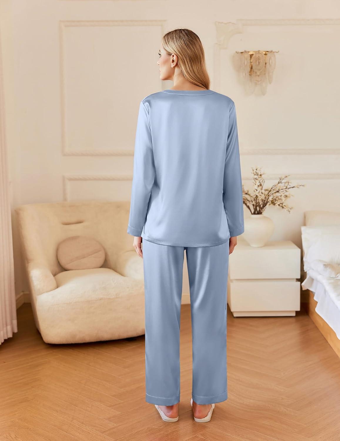 imageEkouaer Silk Pajamas For Women 2 Piece Set Satin Pjs Long Sleeve Button Up Sleepwear Comfy Lounge setsLight Blue