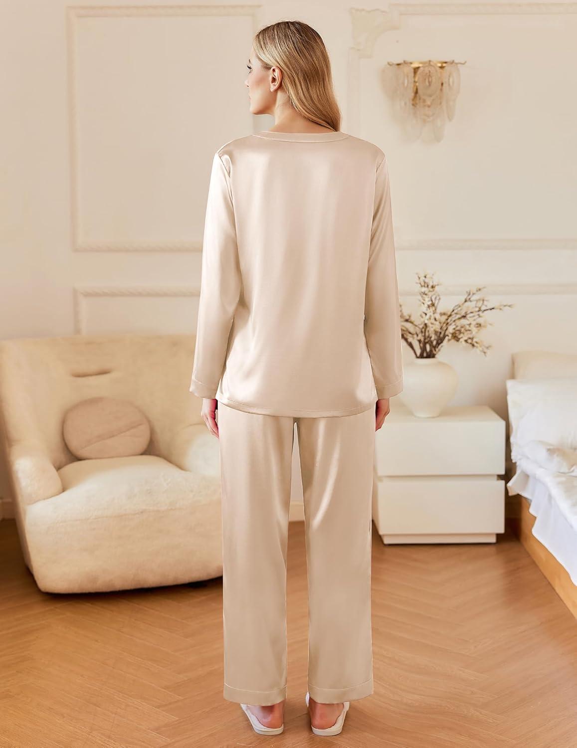 imageEkouaer Silk Pajamas For Women 2 Piece Set Satin Pjs Long Sleeve Button Up Sleepwear Comfy Lounge setsLight Khaki