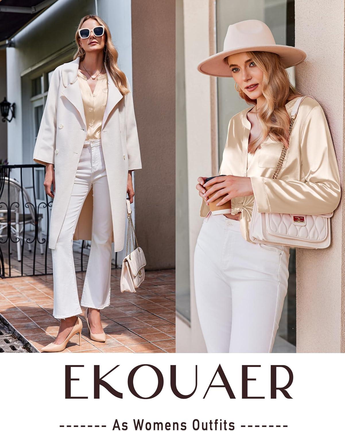 imageEkouaer Silk Pajamas For Women 2 Piece Set Satin Pjs Long Sleeve Button Up Sleepwear Comfy Lounge setsLight Khaki