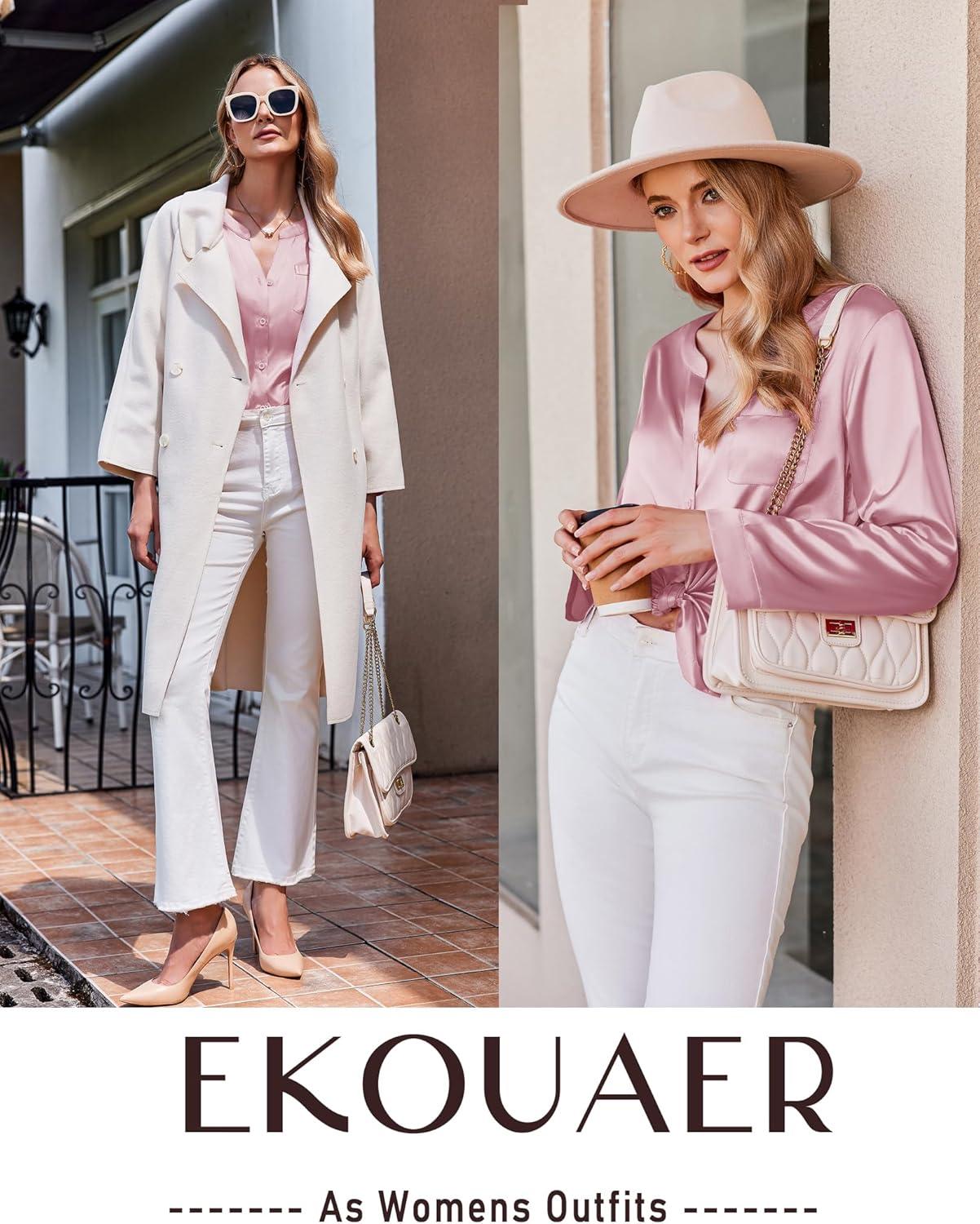 imageEkouaer Silk Pajamas For Women 2 Piece Set Satin Pjs Long Sleeve Button Up Sleepwear Comfy Lounge setsPink