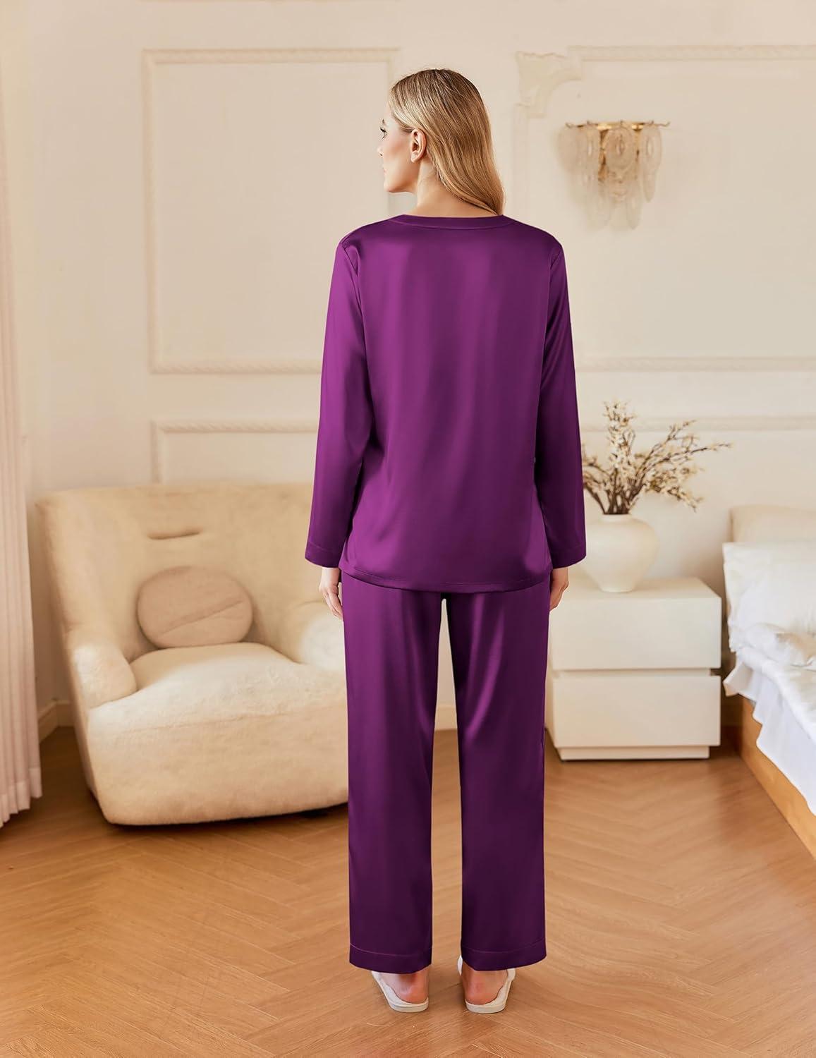imageEkouaer Silk Pajamas For Women 2 Piece Set Satin Pjs Long Sleeve Button Up Sleepwear Comfy Lounge setsPurple