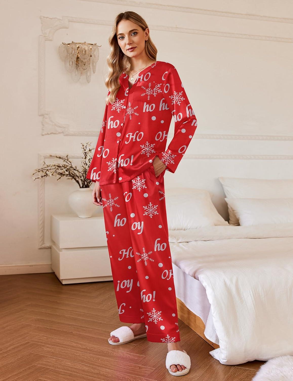 imageEkouaer Silk Pajamas For Women 2 Piece Set Satin Pjs Long Sleeve Button Up Sleepwear Comfy Lounge setsRedchristmas