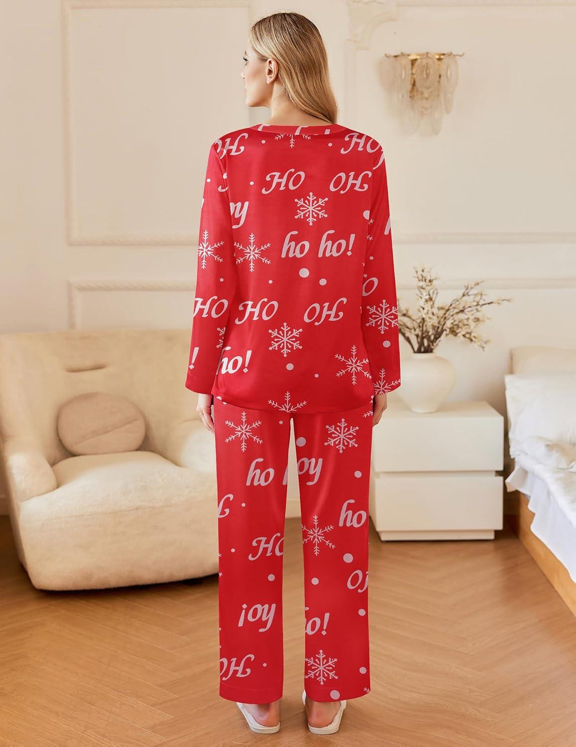 imageEkouaer Silk Pajamas For Women 2 Piece Set Satin Pjs Long Sleeve Button Up Sleepwear Comfy Lounge setsRedchristmas