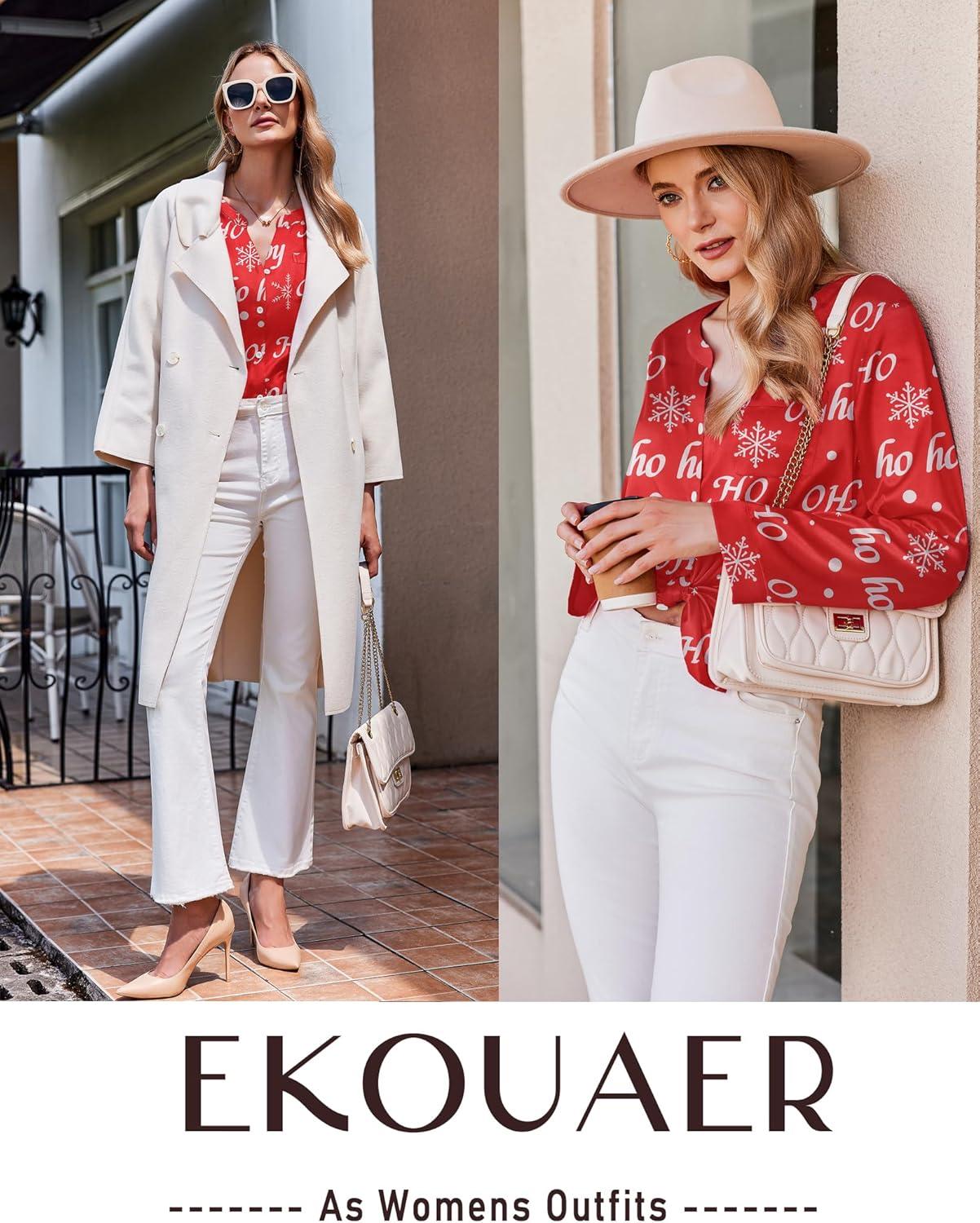 imageEkouaer Silk Pajamas For Women 2 Piece Set Satin Pjs Long Sleeve Button Up Sleepwear Comfy Lounge setsRedchristmas