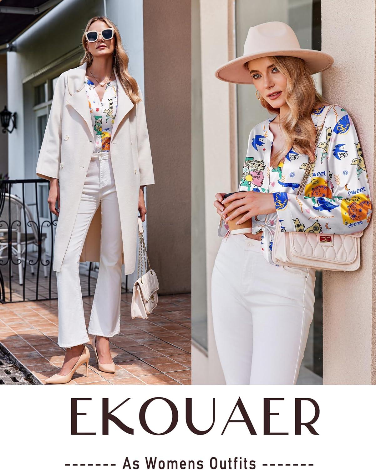 imageEkouaer Silk Pajamas For Women 2 Piece Set Satin Pjs Long Sleeve Button Up Sleepwear Comfy Lounge setsWhite Abstract Doodle