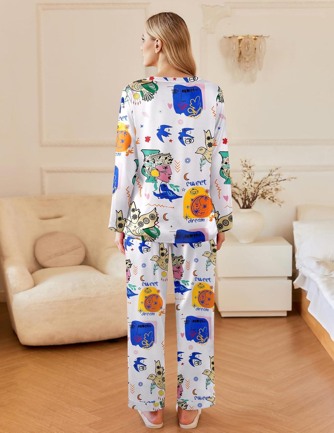 imageEkouaer Silk Pajamas For Women 2 Piece Set Satin Pjs Long Sleeve Button Up Sleepwear Comfy Lounge setsWhite Abstract Doodle