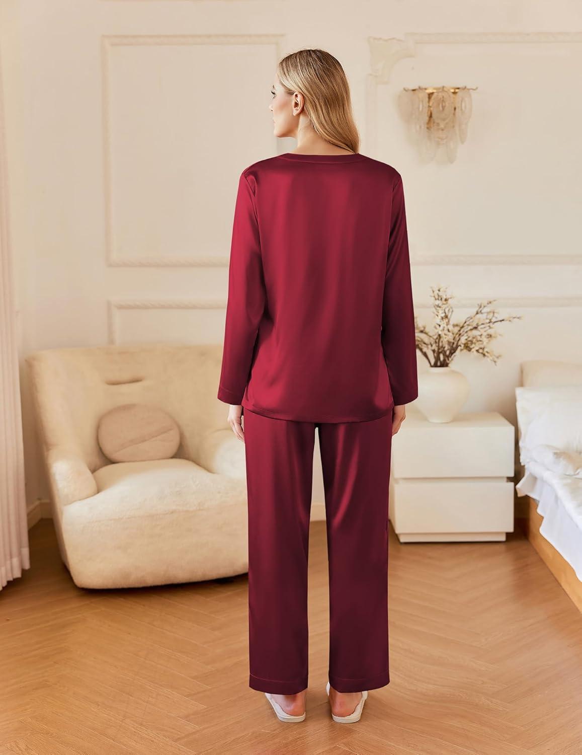 imageEkouaer Silk Pajamas For Women 2 Piece Set Satin Pjs Long Sleeve Button Up Sleepwear Comfy Lounge setsWine Red