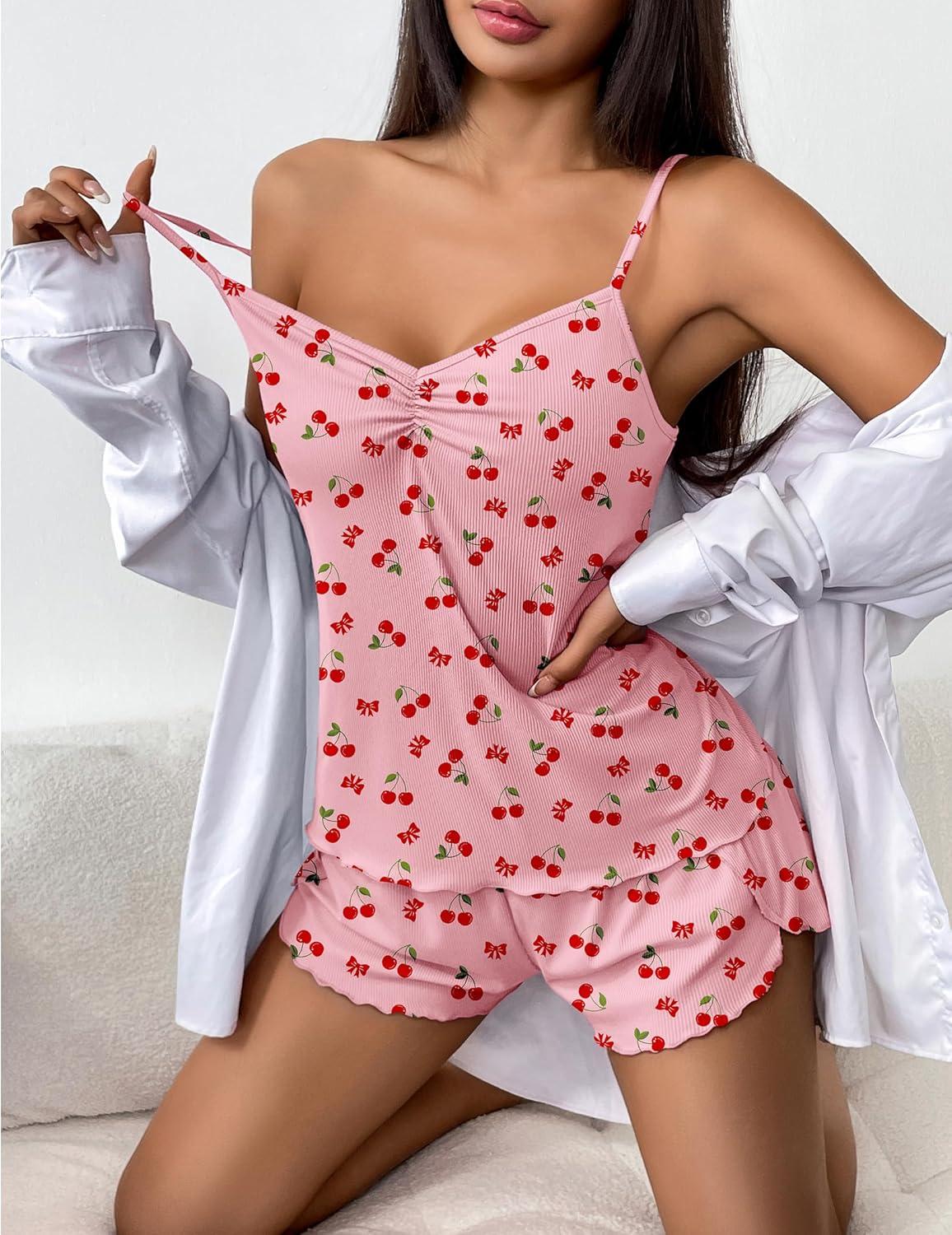 imageEkouaer Womens Cami Pajama Sets 2 Piece Ribbed Knit Lingerie Sleeveless Tank Top and Shorts Camisole Pjs SleepwearCherry Pink