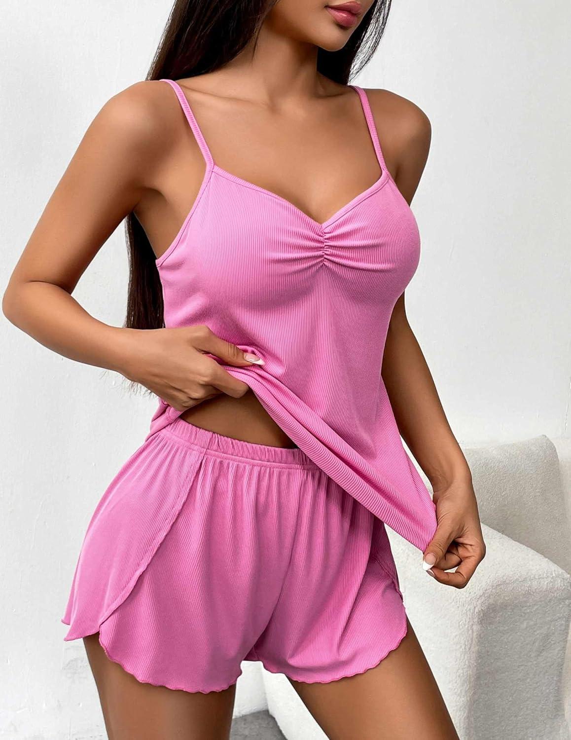 imageEkouaer Womens Cami Pajama Sets 2 Piece Ribbed Knit Lingerie Sleeveless Tank Top and Shorts Camisole Pjs SleepwearHot Pink