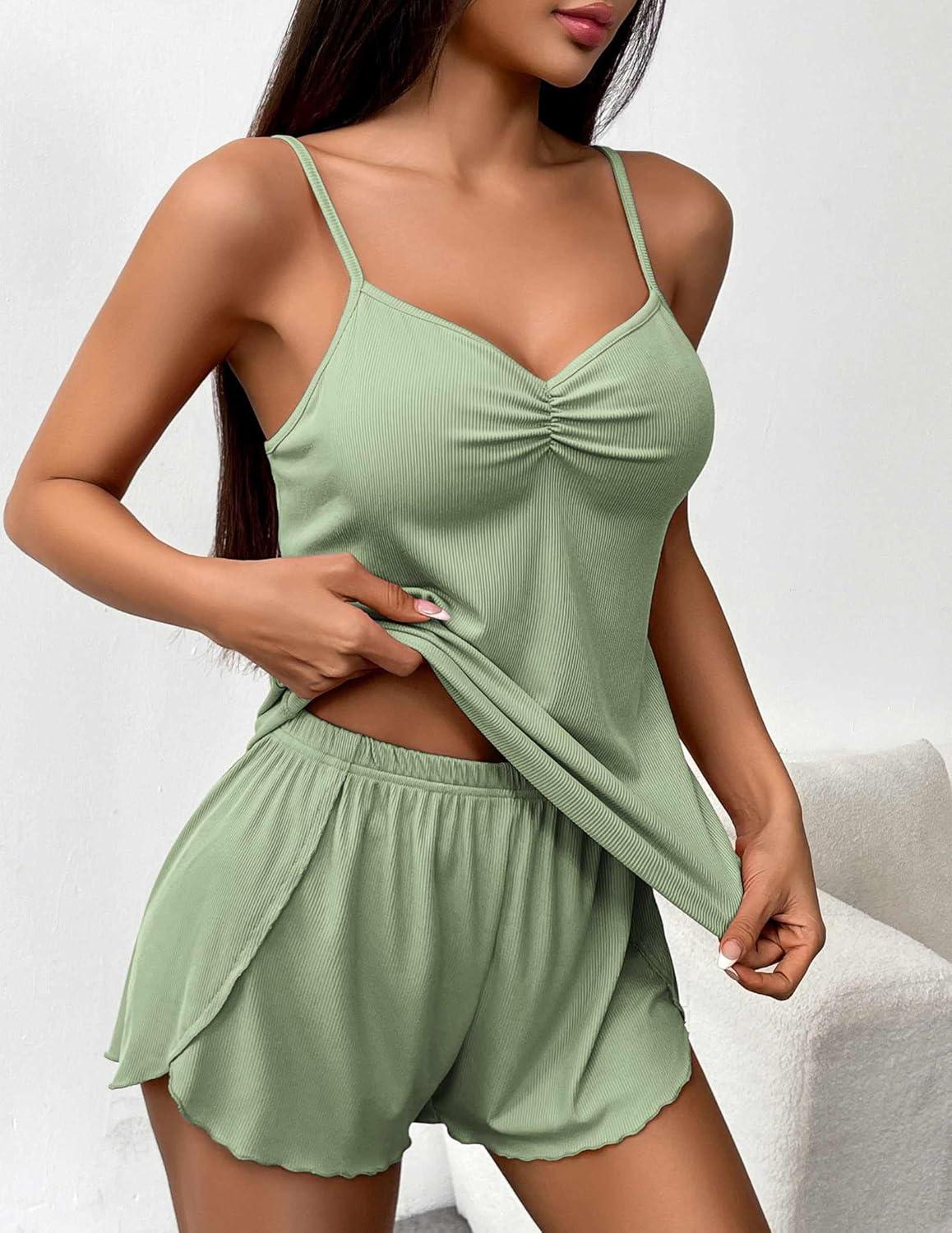 imageEkouaer Womens Cami Pajama Sets 2 Piece Ribbed Knit Lingerie Sleeveless Tank Top and Shorts Camisole Pjs SleepwearLight Green