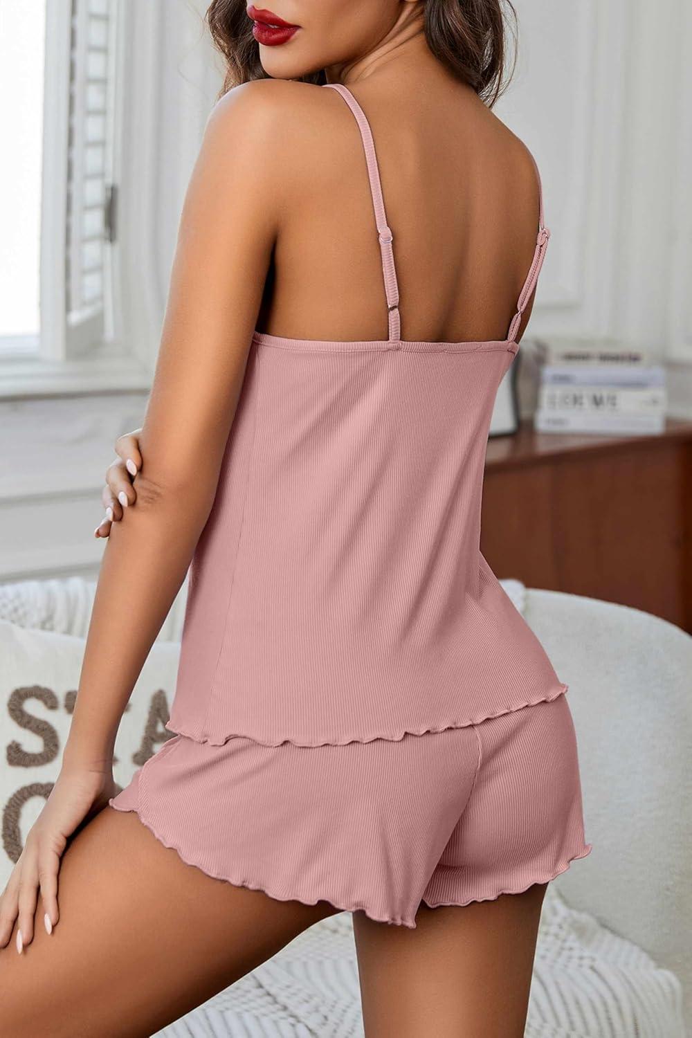 imageEkouaer Womens Cami Pajama Sets 2 Piece Ribbed Knit Lingerie Sleeveless Tank Top and Shorts Camisole Pjs SleepwearLight Pink