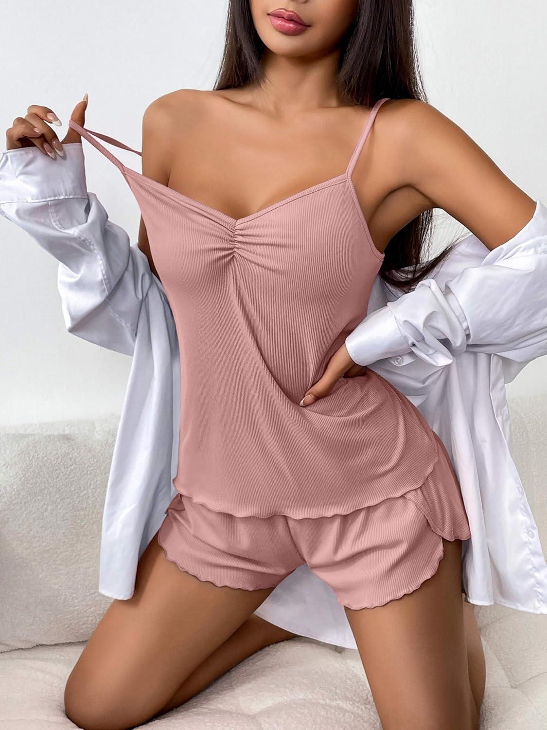 imageEkouaer Womens Cami Pajama Sets 2 Piece Ribbed Knit Lingerie Sleeveless Tank Top and Shorts Camisole Pjs SleepwearLight Pink