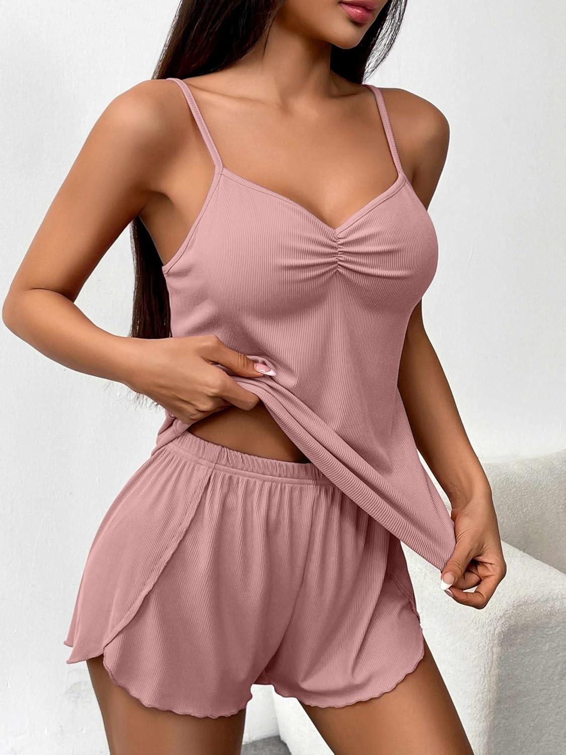 imageEkouaer Womens Cami Pajama Sets 2 Piece Ribbed Knit Lingerie Sleeveless Tank Top and Shorts Camisole Pjs SleepwearLight Pink