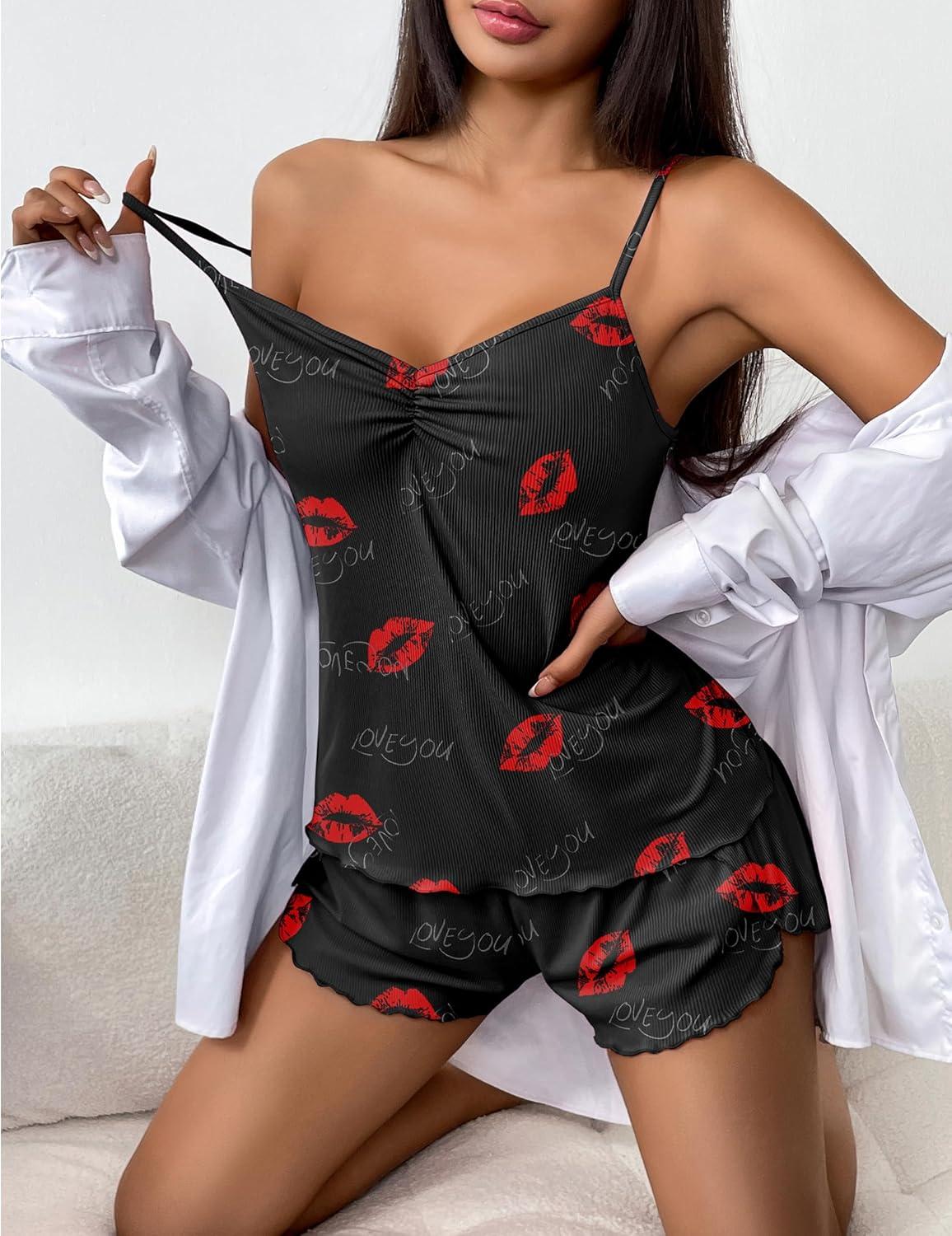 imageEkouaer Womens Cami Pajama Sets 2 Piece Ribbed Knit Lingerie Sleeveless Tank Top and Shorts Camisole Pjs SleepwearLips Print