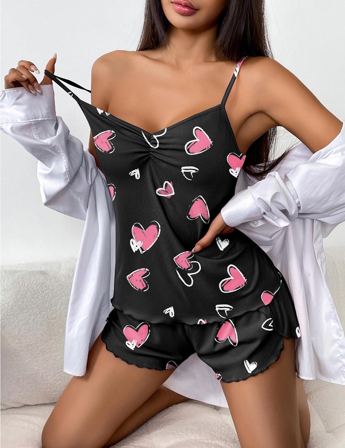imageEkouaer Womens Cami Pajama Sets 2 Piece Ribbed Knit Lingerie Sleeveless Tank Top and Shorts Camisole Pjs SleepwearPink Hearts Print