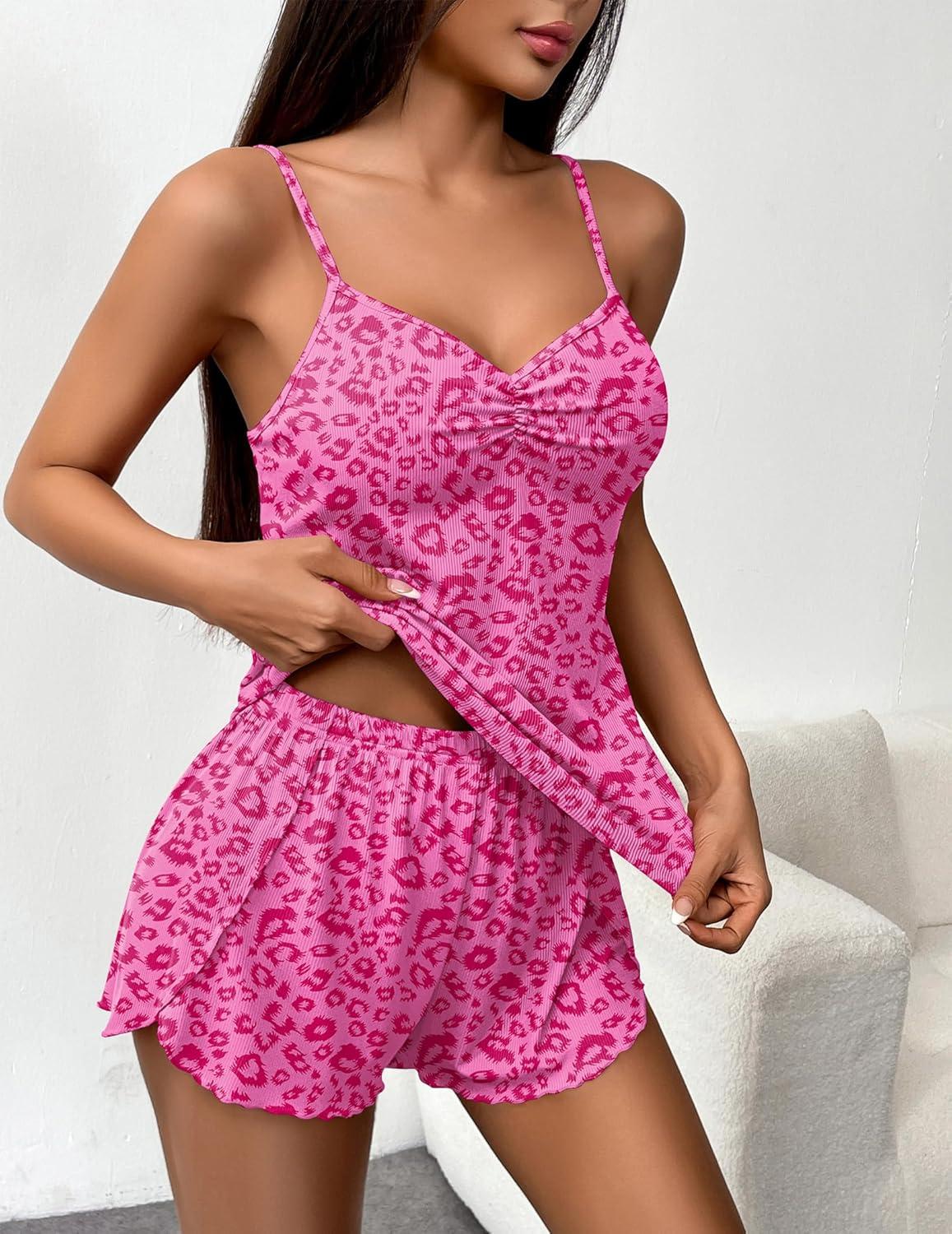 imageEkouaer Womens Cami Pajama Sets 2 Piece Ribbed Knit Lingerie Sleeveless Tank Top and Shorts Camisole Pjs SleepwearPink Leopard