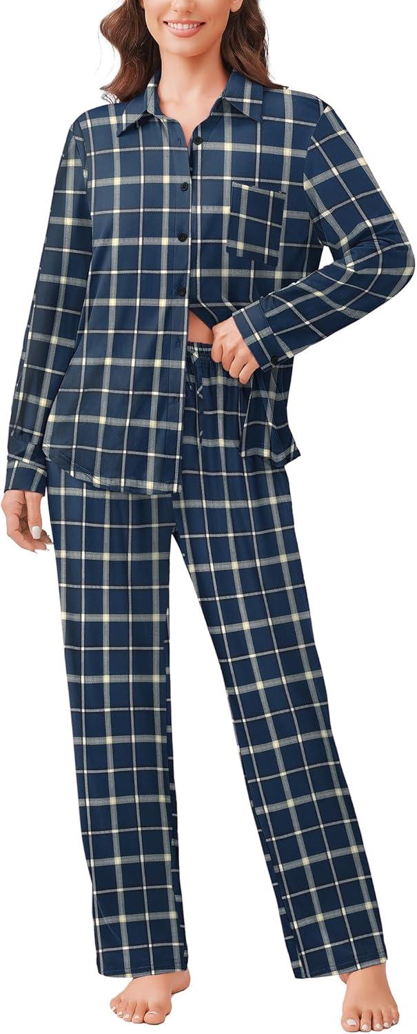 imageEkouaer Womens Pajama Sets Button Down Pjs Sets Soft Long Sleeve Sleepwear Button Up Loungewear with Pockets SXXLBlue and Black Plaid