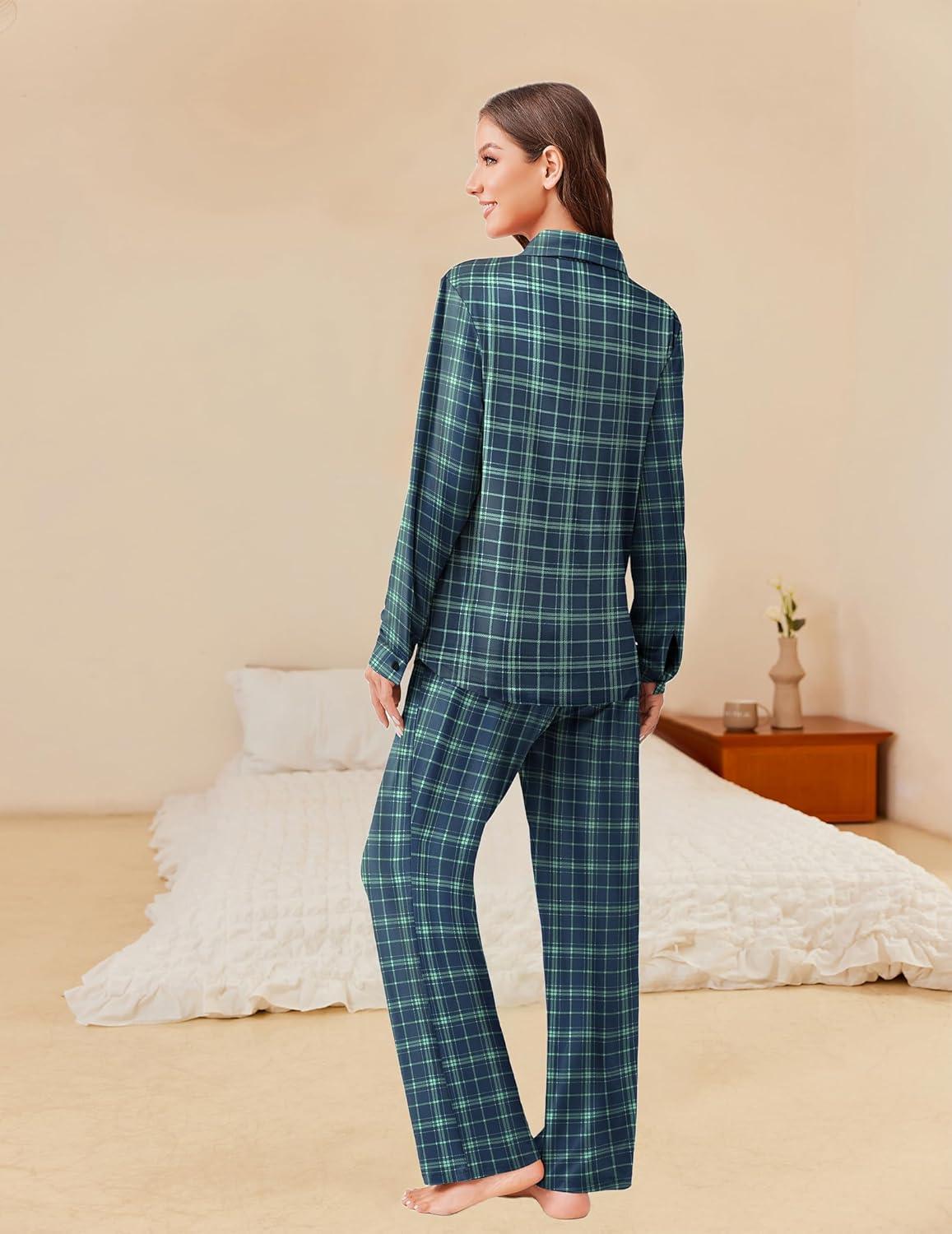 imageEkouaer Womens Pajama Sets Button Down Pjs Sets Soft Long Sleeve Sleepwear Button Up Loungewear with Pockets SXXLBlue and Green Plaid