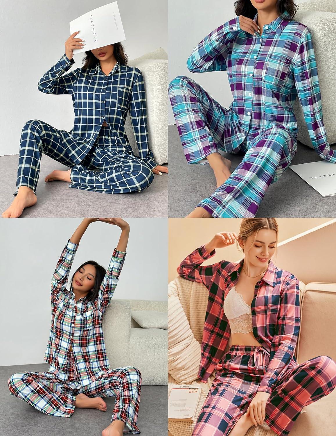imageEkouaer Womens Pajama Sets Button Down Pjs Sets Soft Long Sleeve Sleepwear Button Up Loungewear with Pockets SXXLBlue and Green Plaid