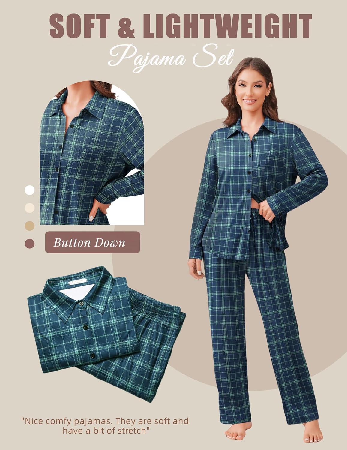 imageEkouaer Womens Pajama Sets Button Down Pjs Sets Soft Long Sleeve Sleepwear Button Up Loungewear with Pockets SXXLBlue and Green Plaid