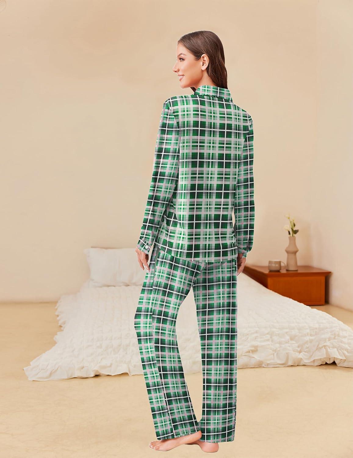 imageEkouaer Womens Pajama Sets Button Down Pjs Sets Soft Long Sleeve Sleepwear Button Up Loungewear with Pockets SXXLPink and Green Plaid