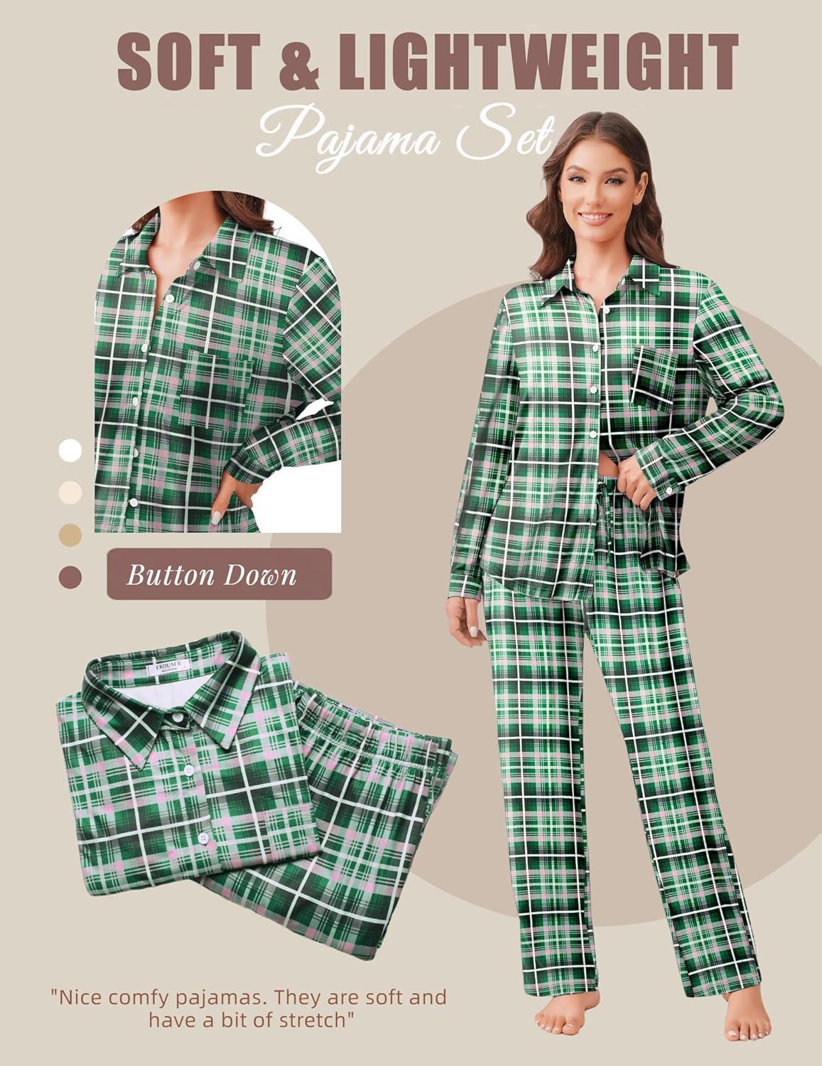 imageEkouaer Womens Pajama Sets Button Down Pjs Sets Soft Long Sleeve Sleepwear Button Up Loungewear with Pockets SXXLPink and Green Plaid