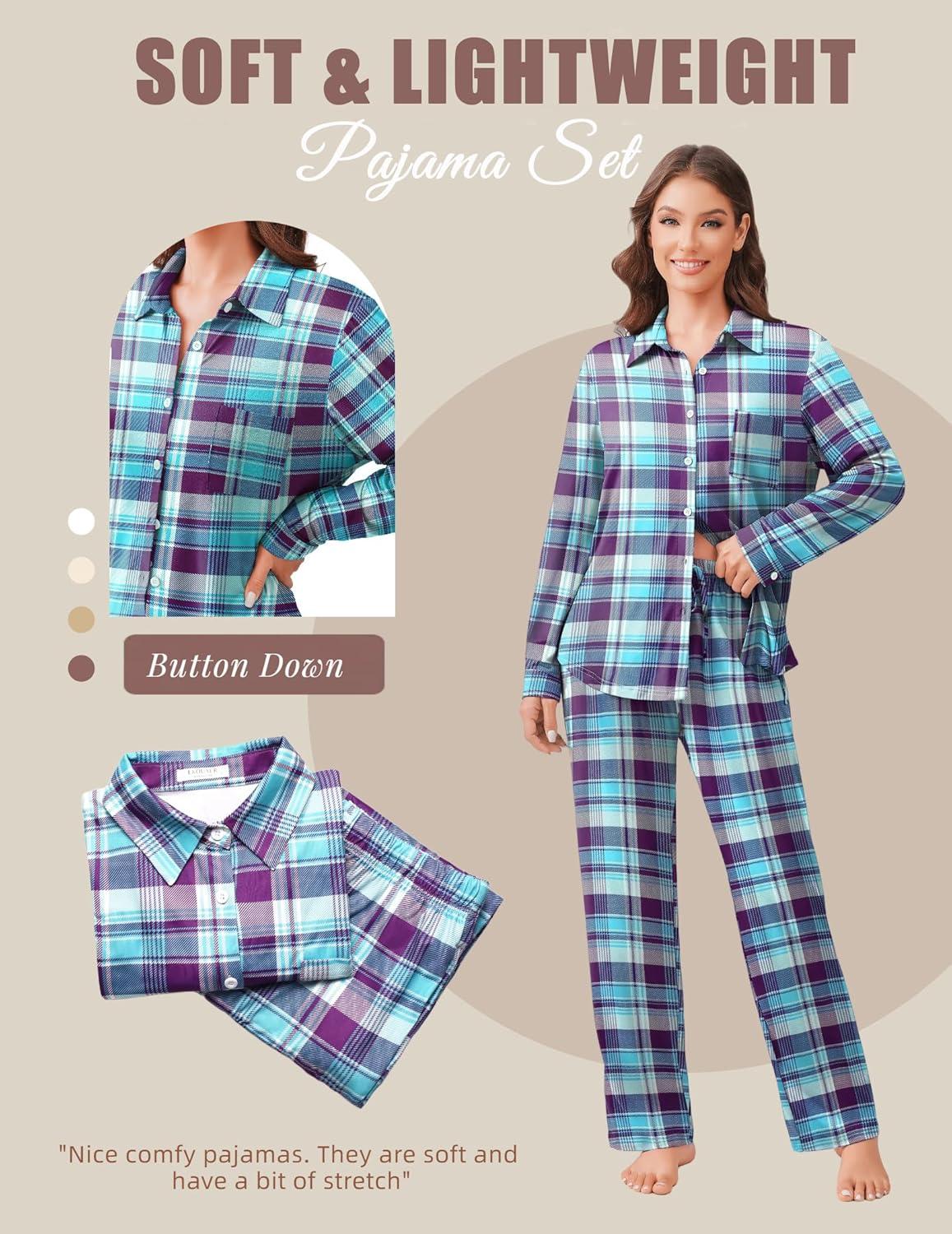 imageEkouaer Womens Pajama Sets Button Down Pjs Sets Soft Long Sleeve Sleepwear Button Up Loungewear with Pockets SXXLPurple and Blue Plaid