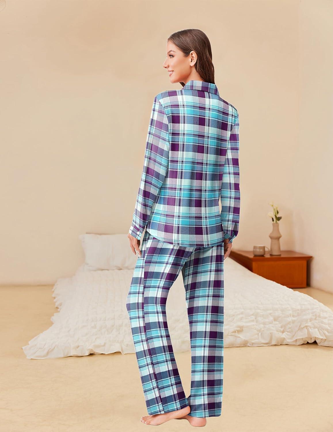 imageEkouaer Womens Pajama Sets Button Down Pjs Sets Soft Long Sleeve Sleepwear Button Up Loungewear with Pockets SXXLPurple and Blue Plaid