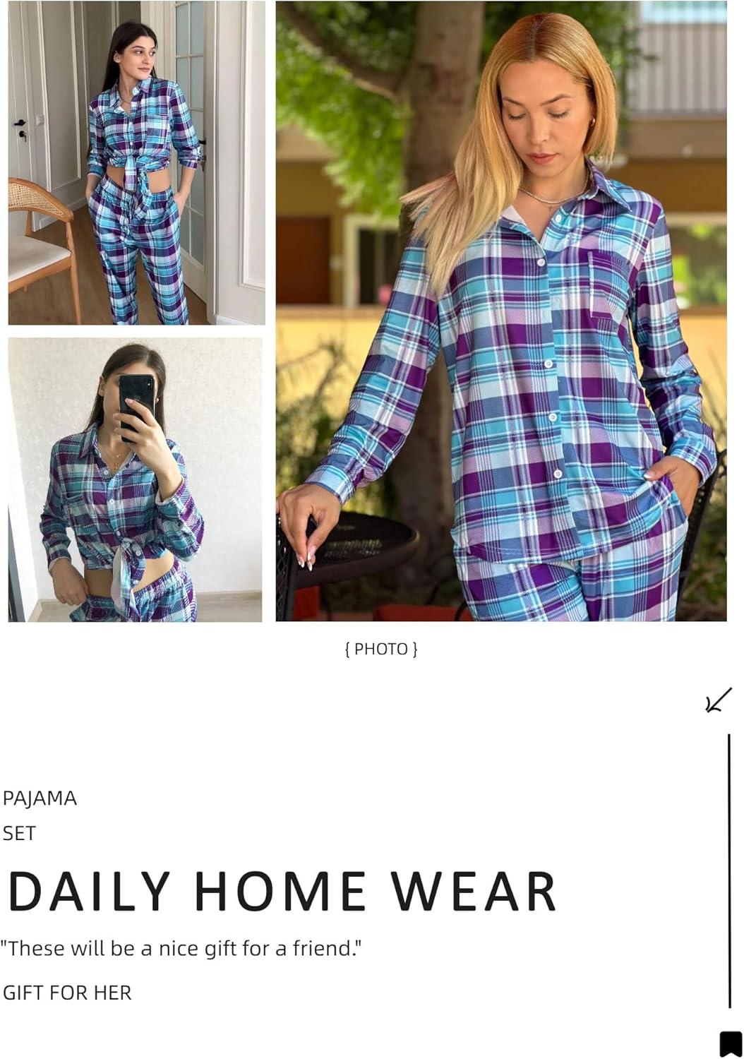 imageEkouaer Womens Pajama Sets Button Down Pjs Sets Soft Long Sleeve Sleepwear Button Up Loungewear with Pockets SXXLPurple and Blue Plaid