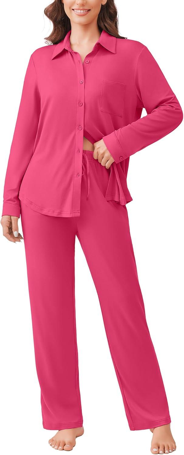 imageEkouaer Womens Pajama Sets Button Down Pjs Sets Soft Long Sleeve Sleepwear Button Up Loungewear with Pockets SXXLRose Red