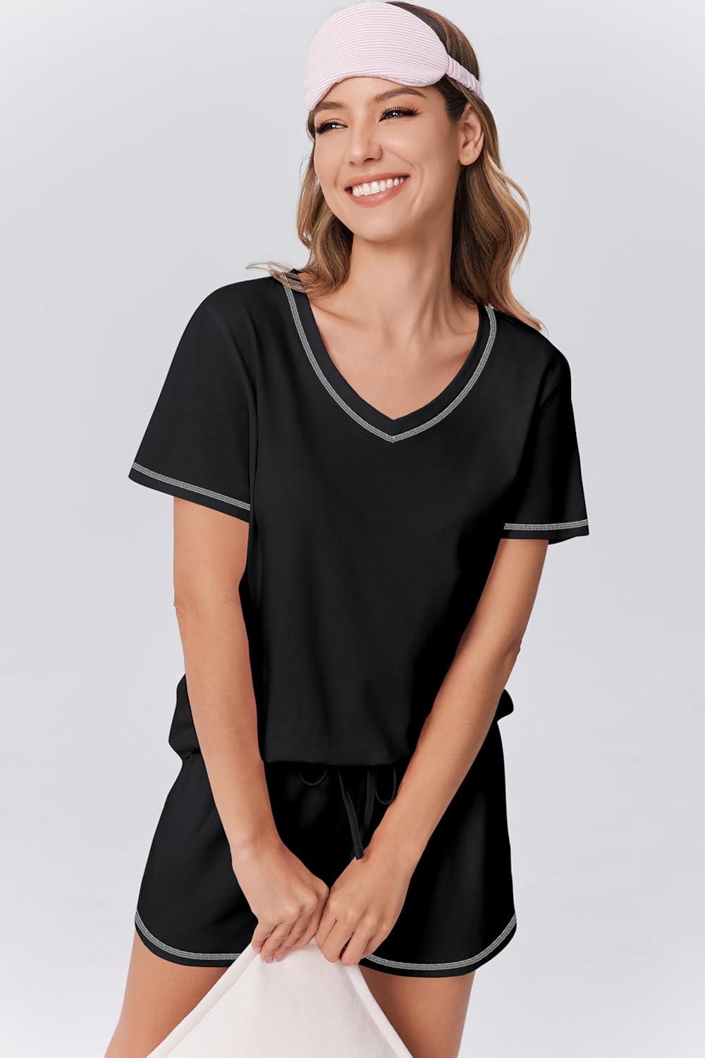 imageEkouaer Womens Pajamas Sets Soft 100 Cotton Pjs Short Sleeve Lounge Sets Casual Two Piece Pjs With PocketsBlack