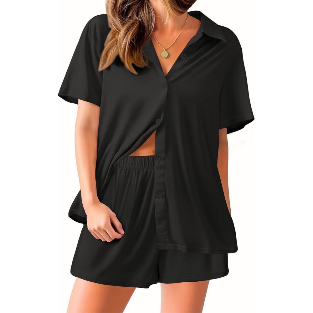 imageEkouaer Pajama for Women Set Short Sleeve Button Down Pajamas Sets Soft Lounge Sets for Women Sleepwear PJSBlack