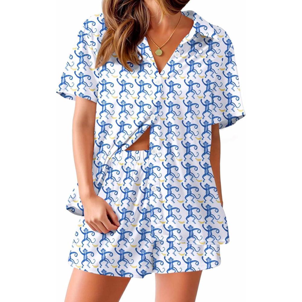 imageEkouaer Pajama for Women Set Short Sleeve Button Down Pajamas Sets Soft Lounge Sets for Women Sleepwear PJSBlue Monkey