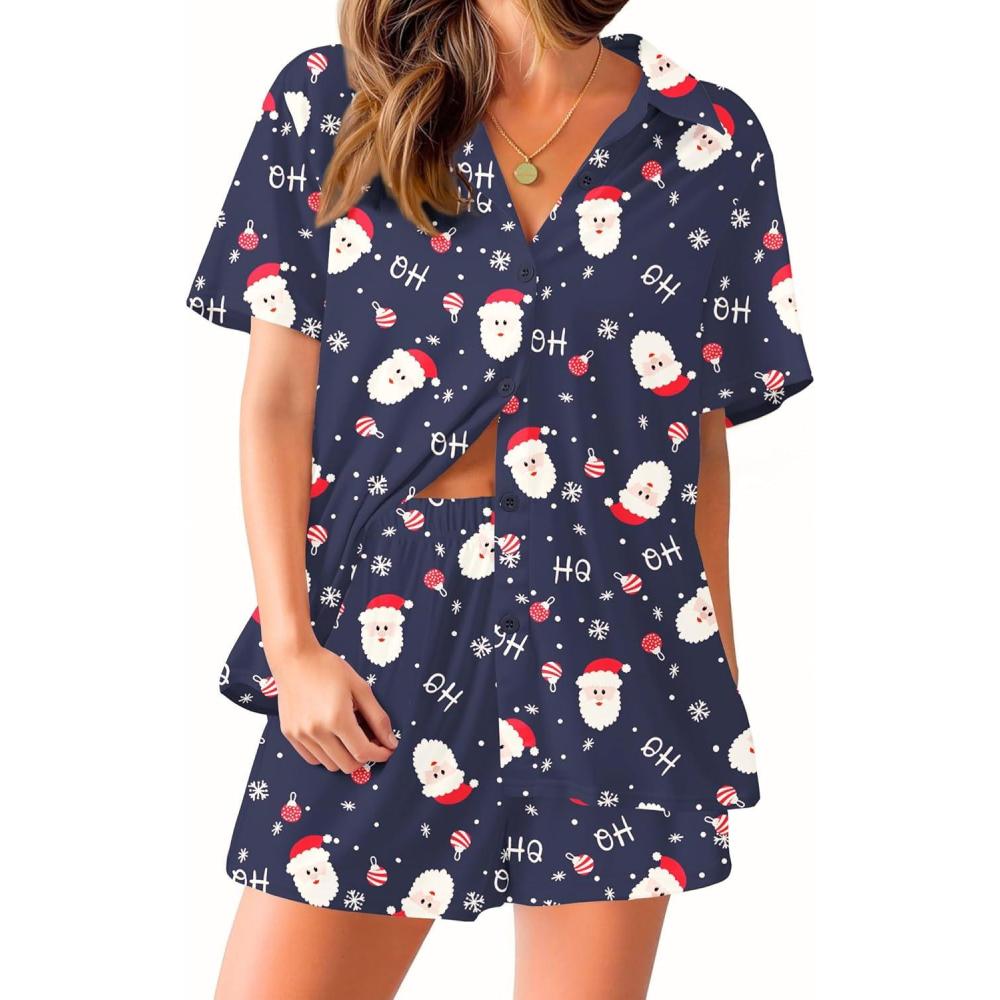 imageEkouaer Pajama for Women Set Short Sleeve Button Down Pajamas Sets Soft Lounge Sets for Women Sleepwear PJSChristmas