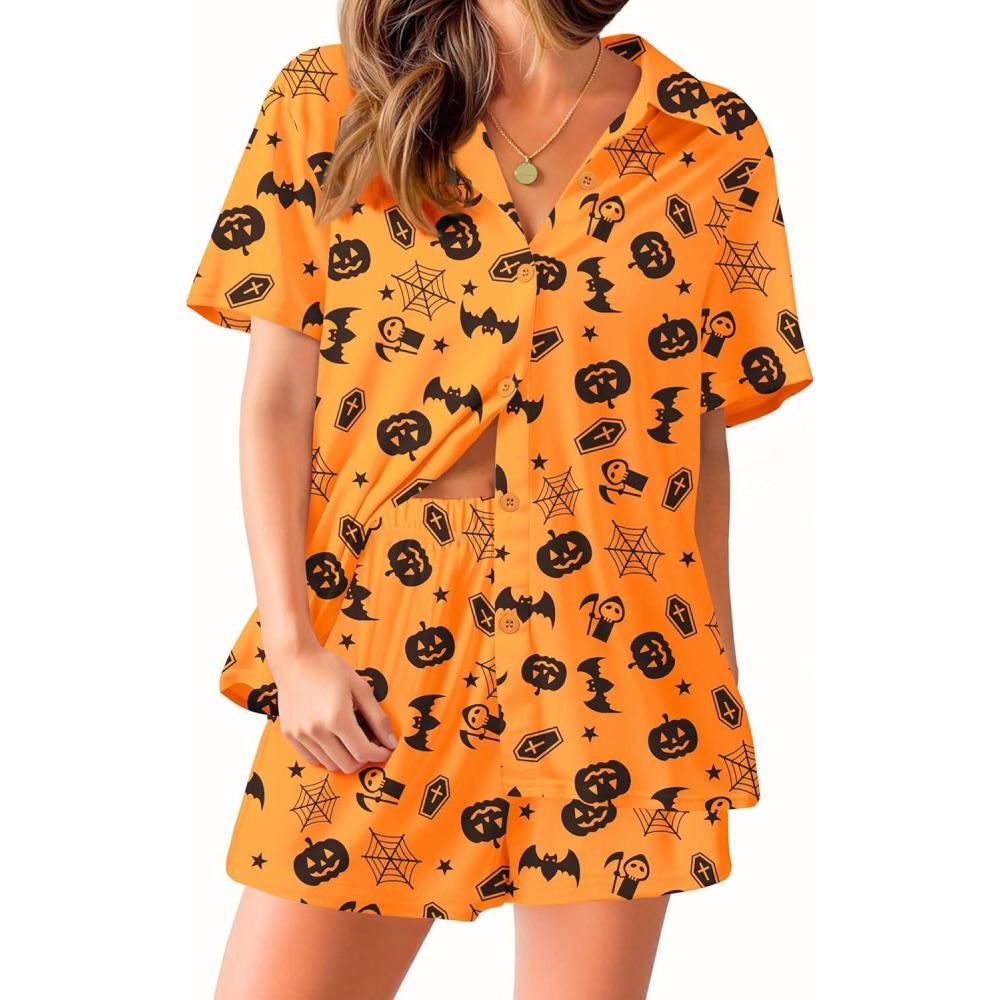 imageEkouaer Pajama for Women Set Short Sleeve Button Down Pajamas Sets Soft Lounge Sets for Women Sleepwear PJSHalloween