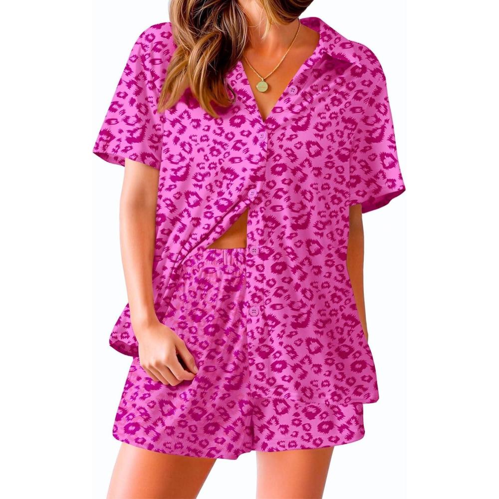 imageEkouaer Pajama for Women Set Short Sleeve Button Down Pajamas Sets Soft Lounge Sets for Women Sleepwear PJSHot Pink Leopard