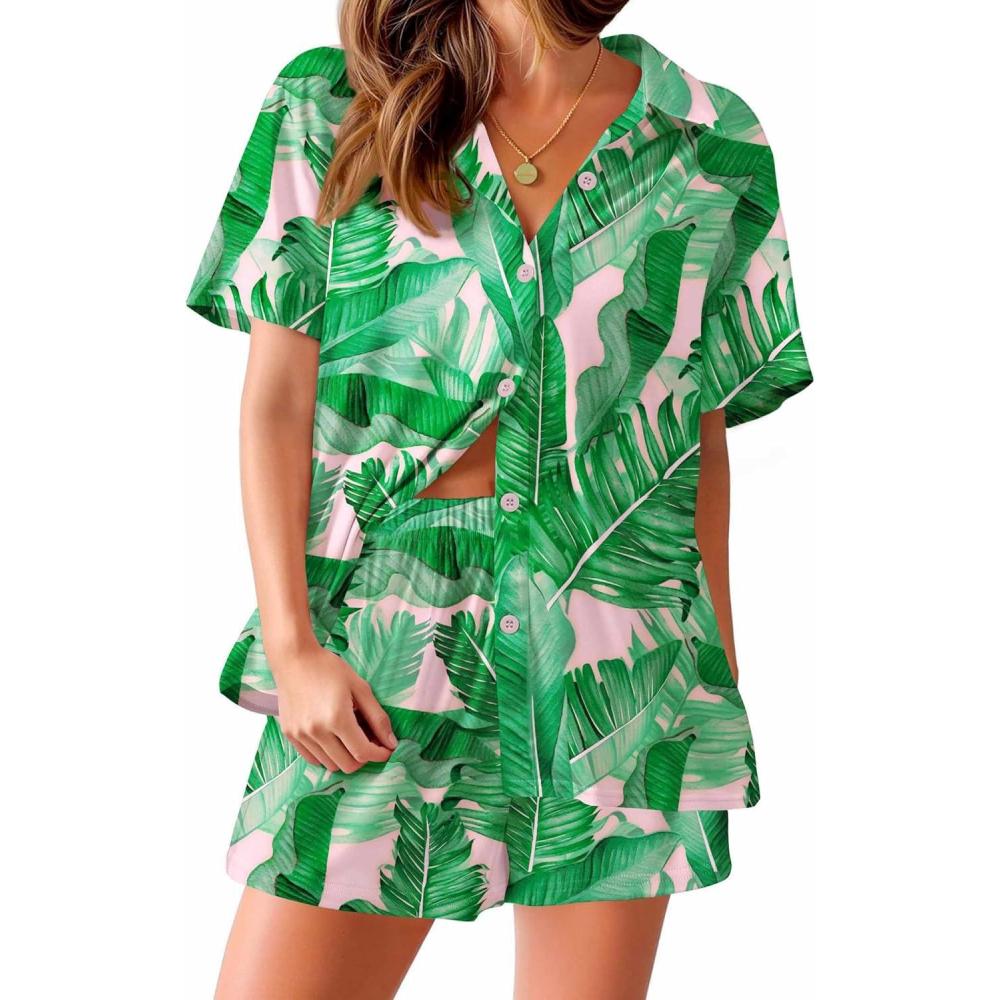imageEkouaer Pajama for Women Set Short Sleeve Button Down Pajamas Sets Soft Lounge Sets for Women Sleepwear PJSLeaves