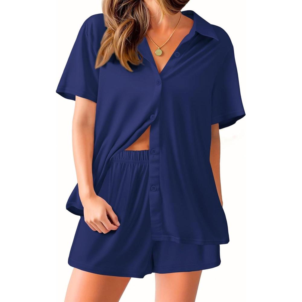 imageEkouaer Pajama for Women Set Short Sleeve Button Down Pajamas Sets Soft Lounge Sets for Women Sleepwear PJSNavy Blue
