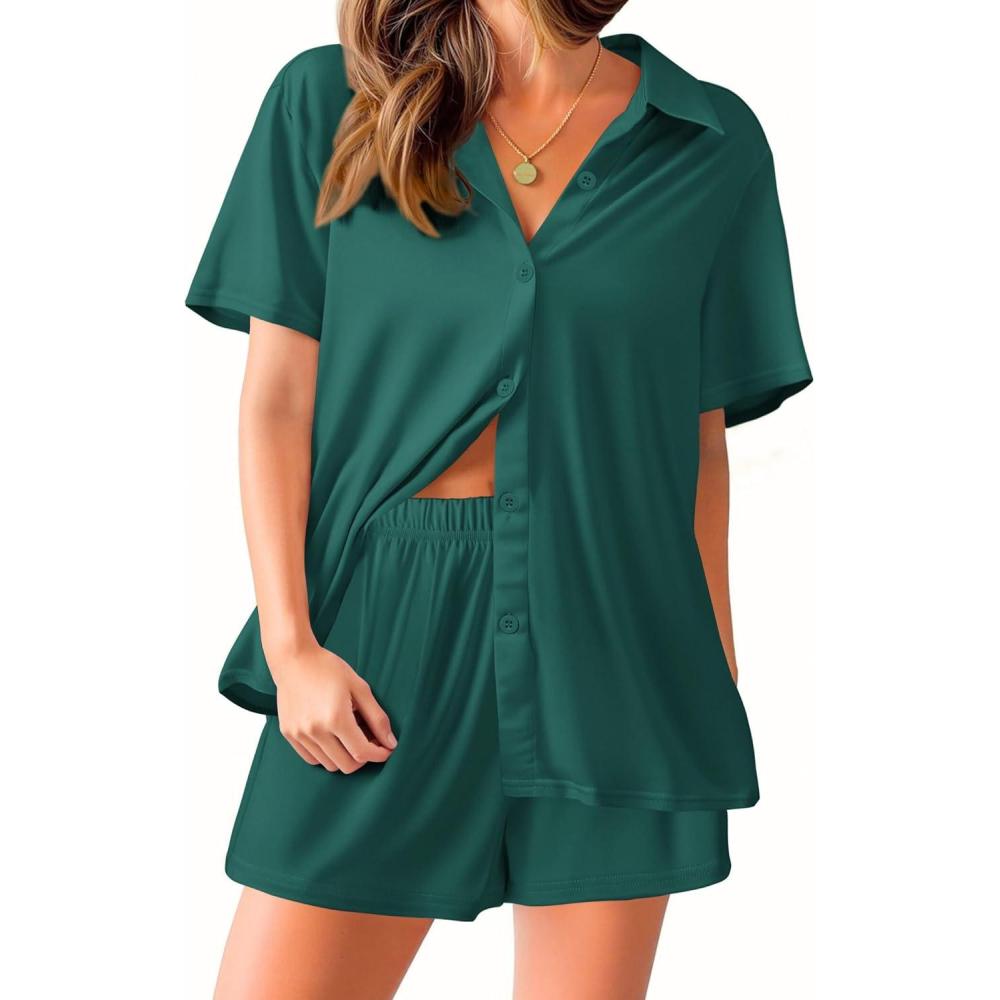 imageEkouaer Pajama for Women Set Short Sleeve Button Down Pajamas Sets Soft Lounge Sets for Women Sleepwear PJSPink
