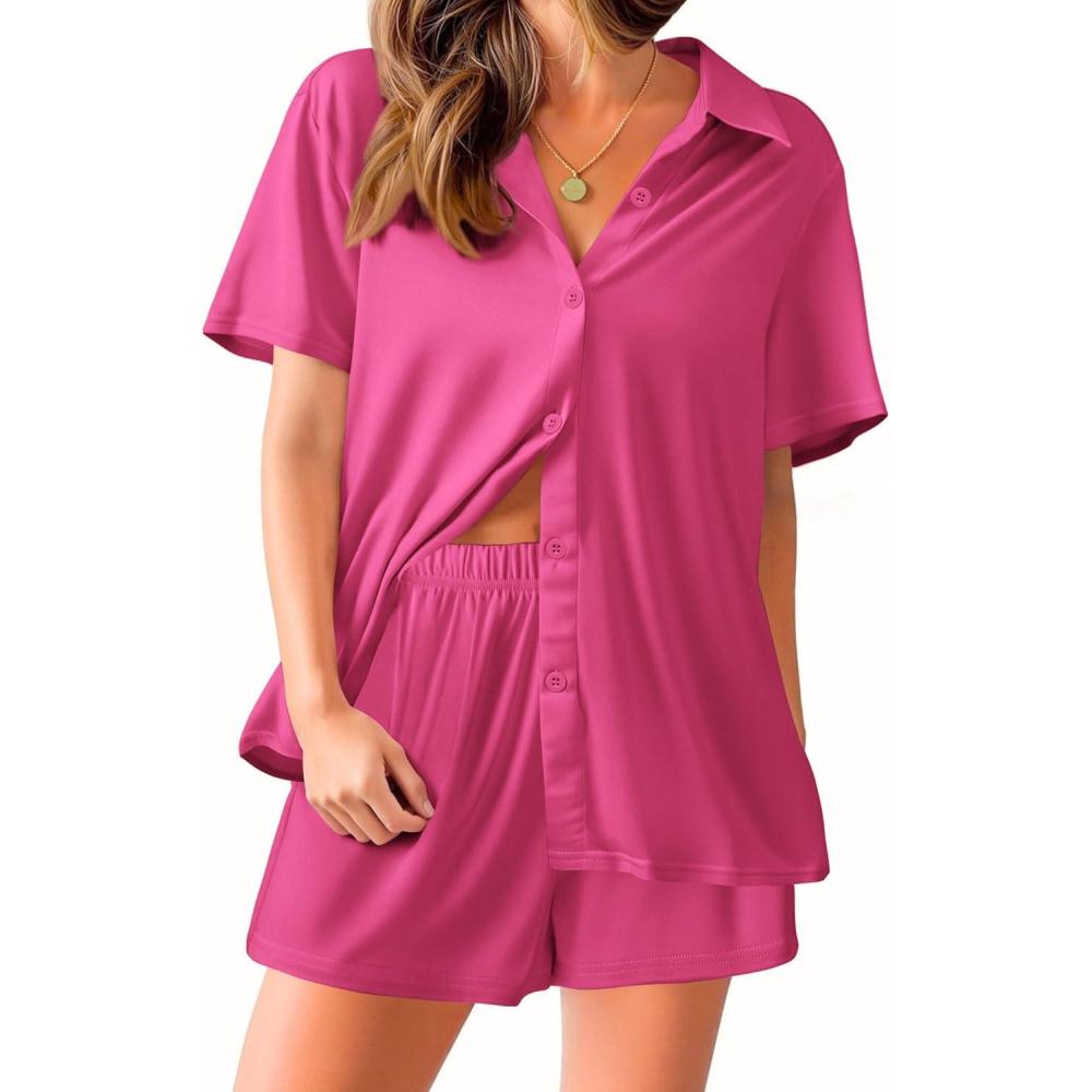 imageEkouaer Pajama for Women Set Short Sleeve Button Down Pajamas Sets Soft Lounge Sets for Women Sleepwear PJSRose Red