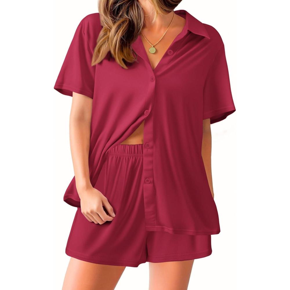 imageEkouaer Pajama for Women Set Short Sleeve Button Down Pajamas Sets Soft Lounge Sets for Women Sleepwear PJSWine Red