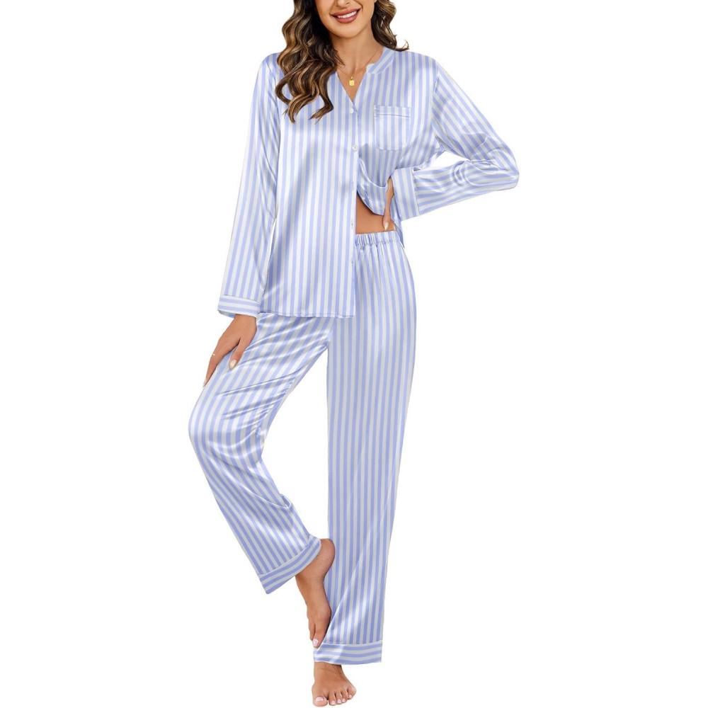 imageEkouaer Silk Pajamas For Women 2 Piece Set Satin Pjs Long Sleeve Button Up Sleepwear Comfy Lounge setsBlue Stripes