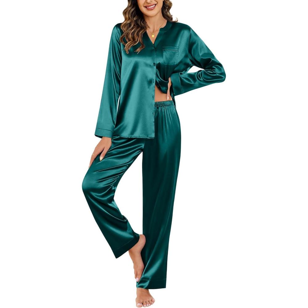 imageEkouaer Silk Pajamas For Women 2 Piece Set Satin Pjs Long Sleeve Button Up Sleepwear Comfy Lounge setsGreen