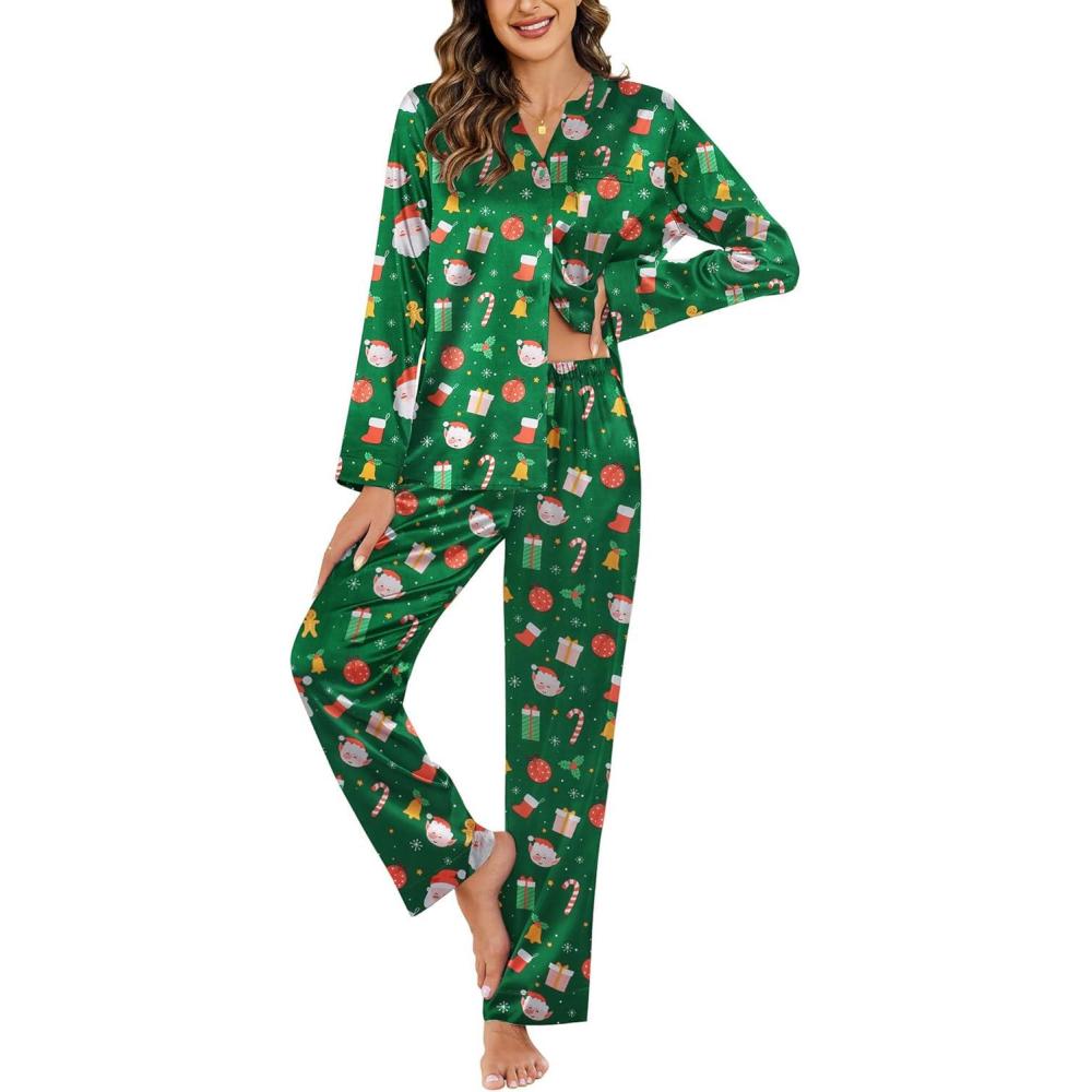 imageEkouaer Silk Pajamas For Women 2 Piece Set Satin Pjs Long Sleeve Button Up Sleepwear Comfy Lounge setsGreenchristmas