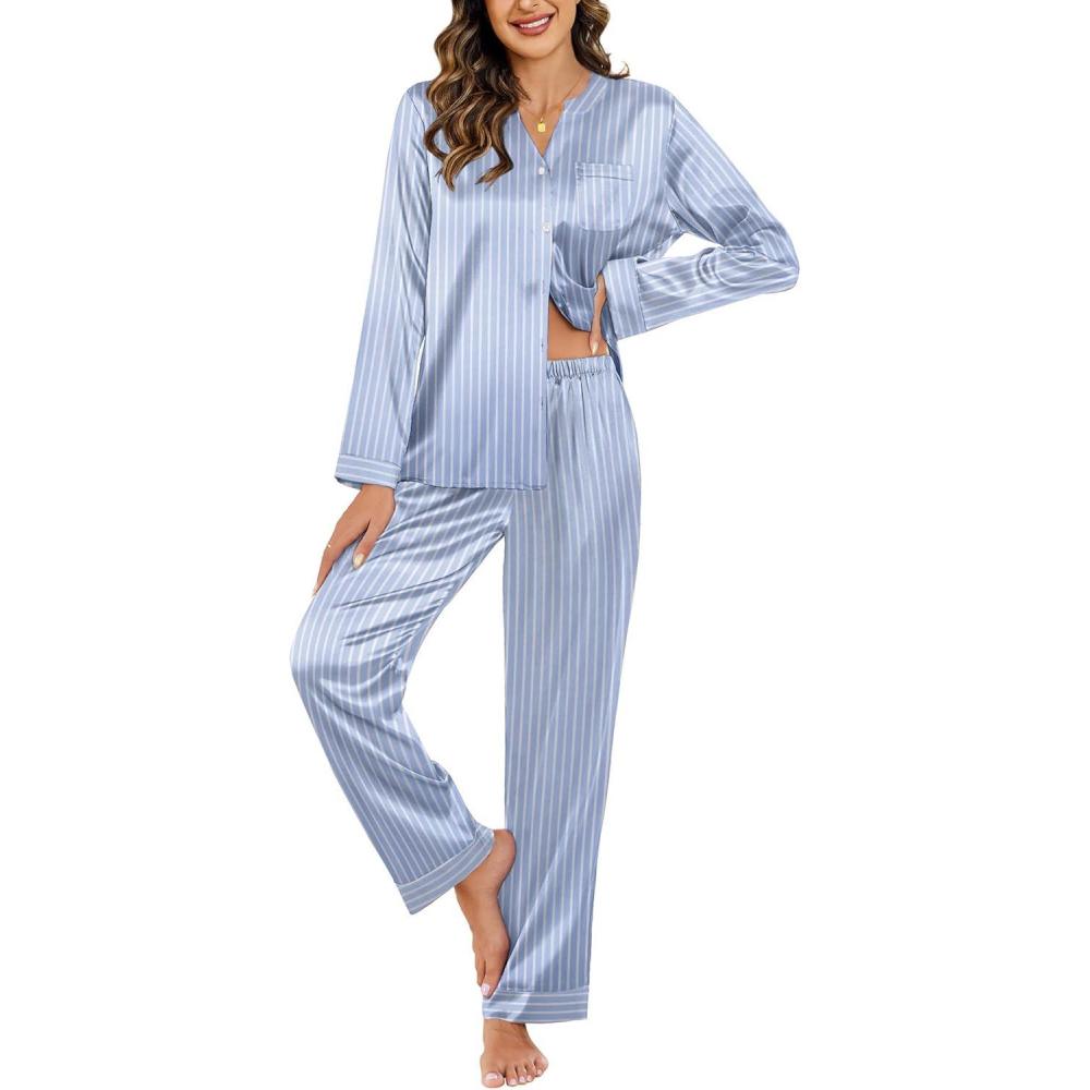 imageEkouaer Silk Pajamas For Women 2 Piece Set Satin Pjs Long Sleeve Button Up Sleepwear Comfy Lounge setsGrey Blue Striped