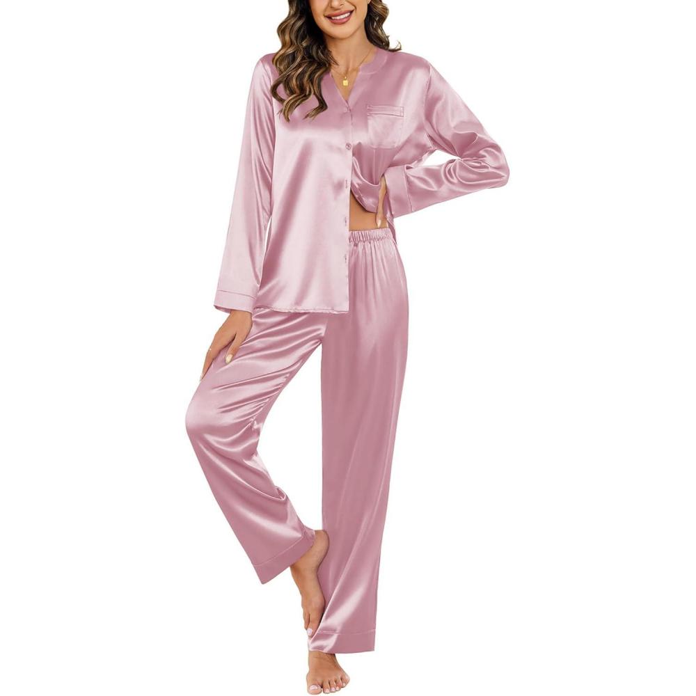imageEkouaer Silk Pajamas For Women 2 Piece Set Satin Pjs Long Sleeve Button Up Sleepwear Comfy Lounge setsPink