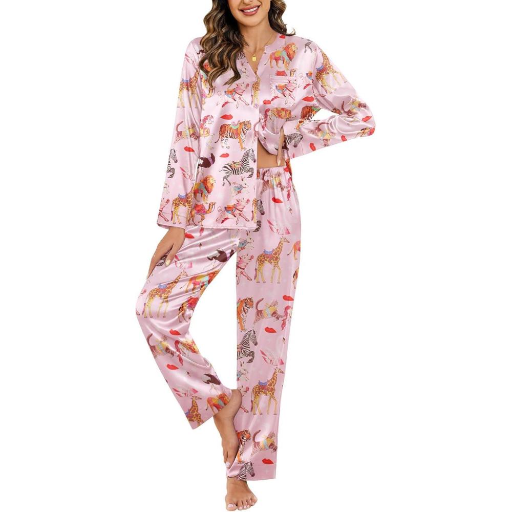 imageEkouaer Silk Pajamas For Women 2 Piece Set Satin Pjs Long Sleeve Button Up Sleepwear Comfy Lounge setsPink Animal Art